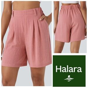 HALARA Pink High Waisted Pocket Wide Leg Casual Linen-Feel Bermuda Shorts